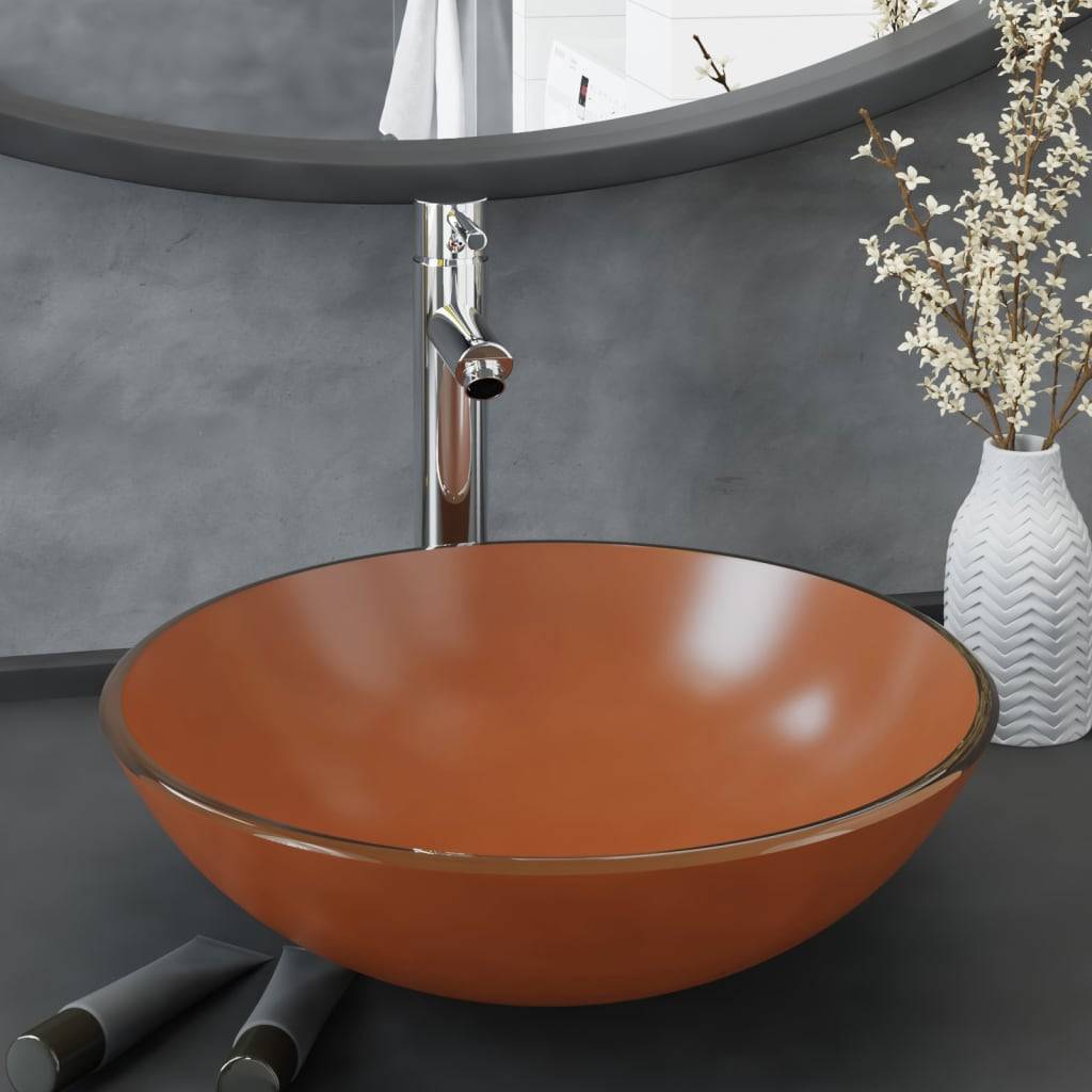 vidaXL Badezimmer Waschbecken mit Wasserhahn und Ablaufgarnitur Braun