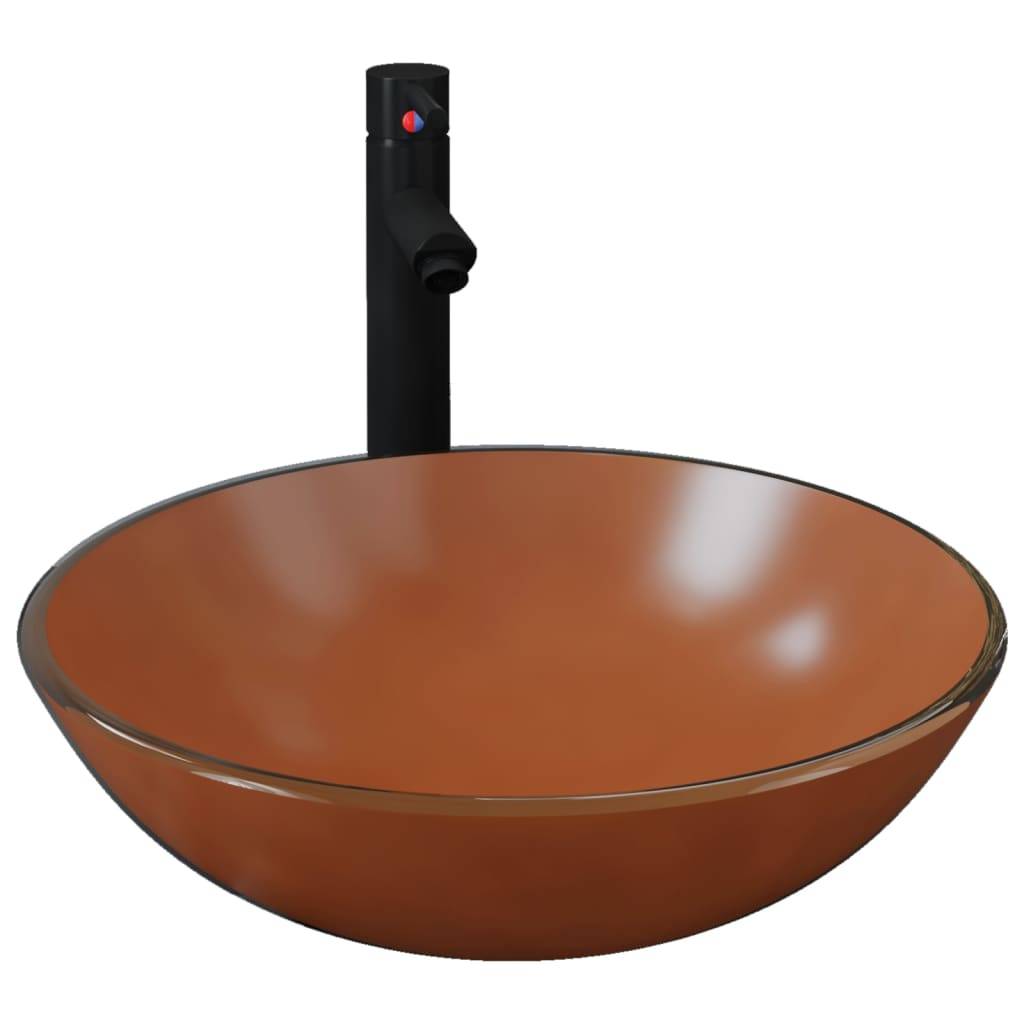 vidaXL Badezimmer Waschbecken mit Wasserhahn und Ablaufgarnitur Braun