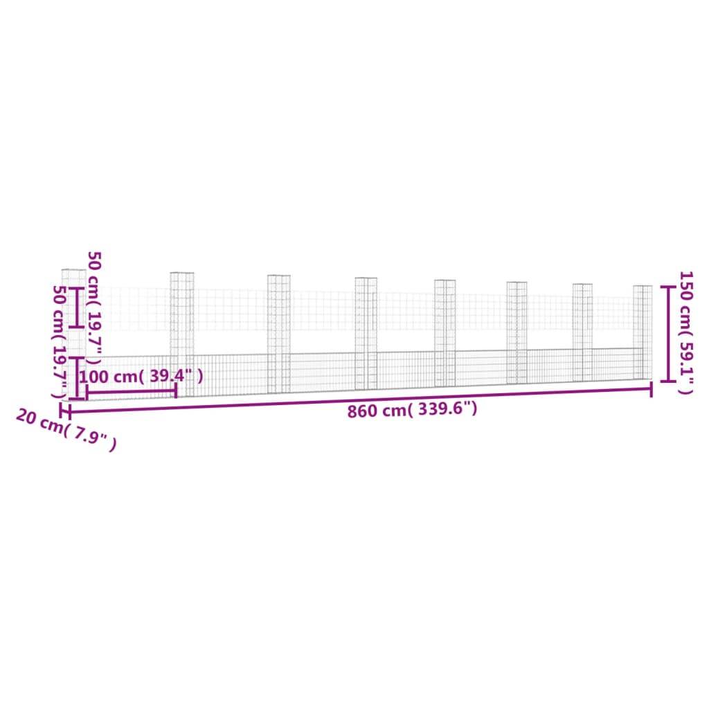 vidaXL Gabionenkorb U-Form mit 8 Säulen Eisen 860x20x150 cm
