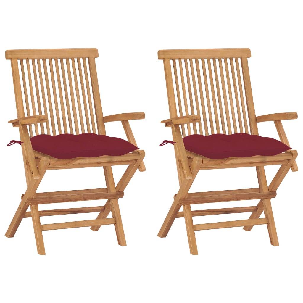 vidaXL Gartenstühle mit Weinroten Kissen 2 Stk. Massivholz Teak