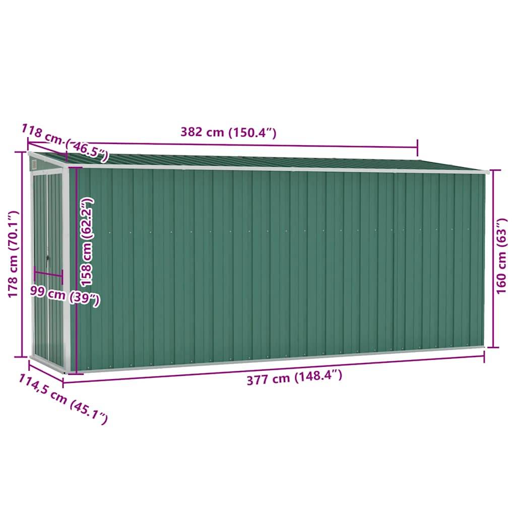vidaXL Anbauschuppen Grün 118x382x178 cm Verzinkter Stahl