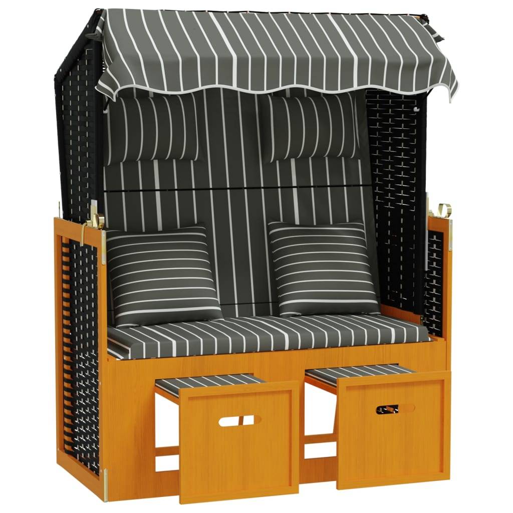 vidaXL Strandkorb mit Kissen Poly Rattan & Massivholz Schwarz & Grau