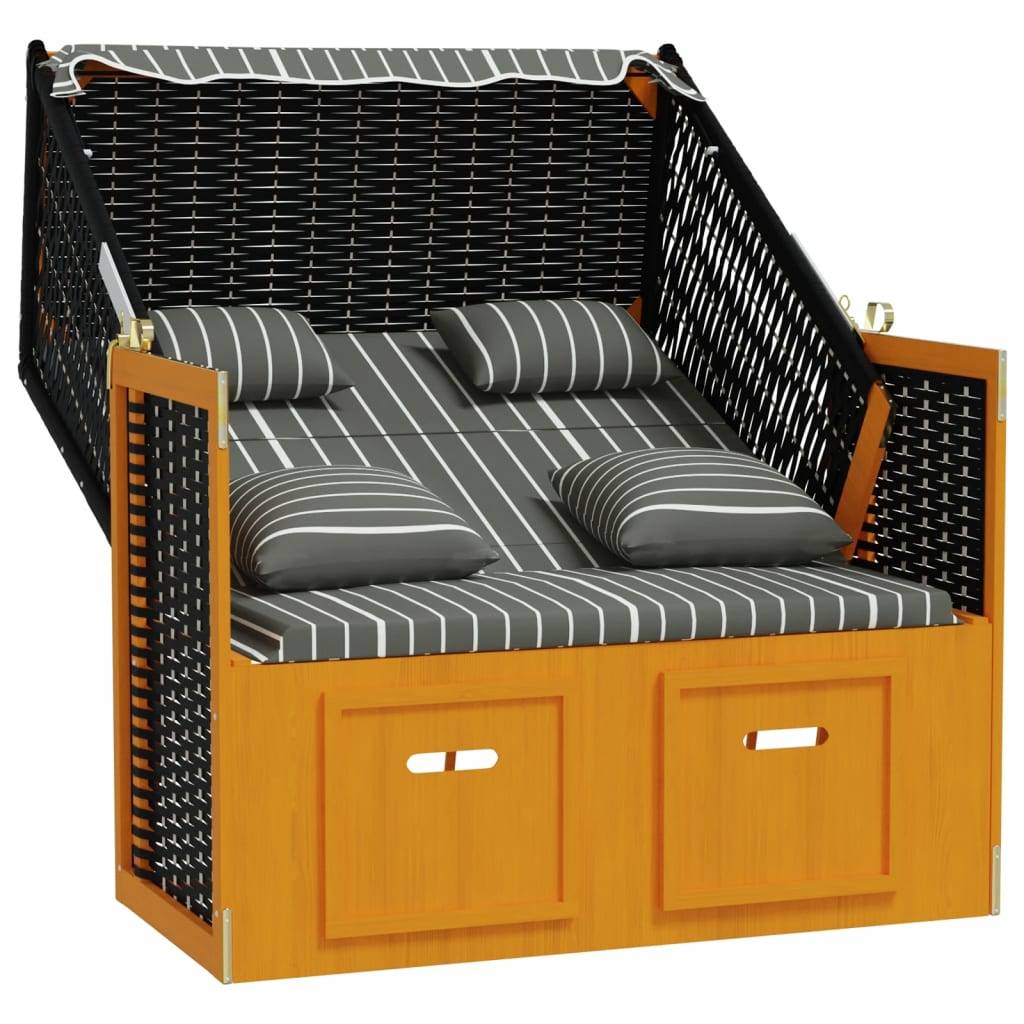 vidaXL Strandkorb mit Kissen Poly Rattan & Massivholz Schwarz & Grau