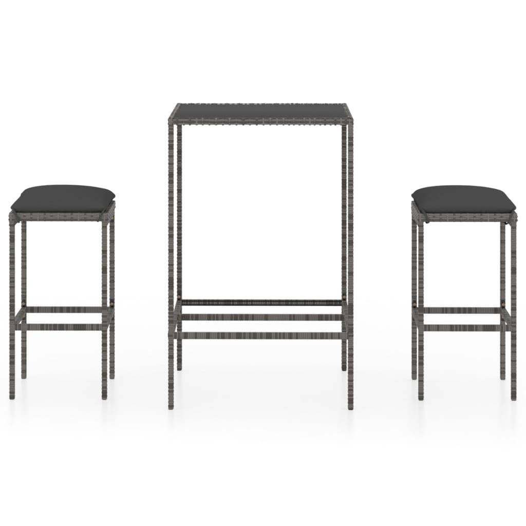 vidaXL 3-tlg. Gartenbar-Set mit Kissen Poly Rattan Grau