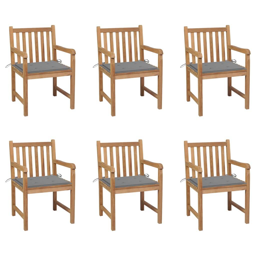 vidaXL Gartenstühle 6 Stk. mit Grauen Kissen Massivholz Teak