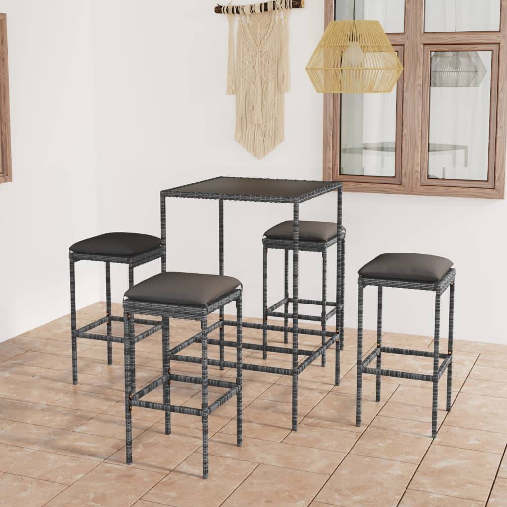 vidaXL 5-tlg. Gartenbar-Set mit Kissen Poly Rattan Grau
