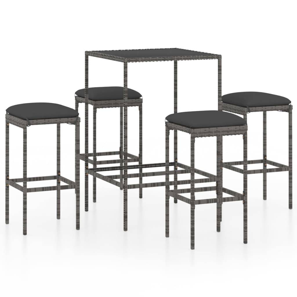 vidaXL 5-tlg. Gartenbar-Set mit Kissen Poly Rattan Grau