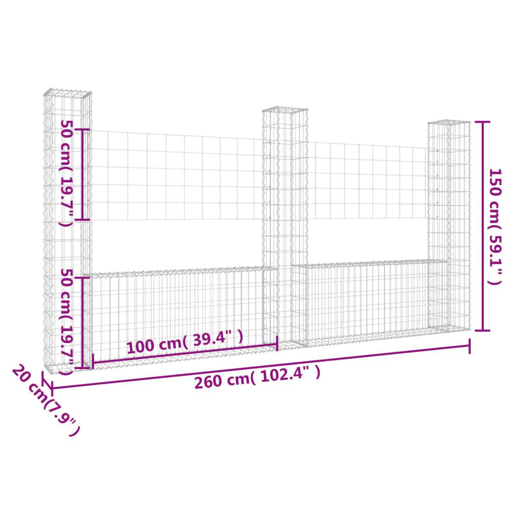 vidaXL Gabionenkorb U-Form mit 3 Säulen Eisen 260x20x150 cm