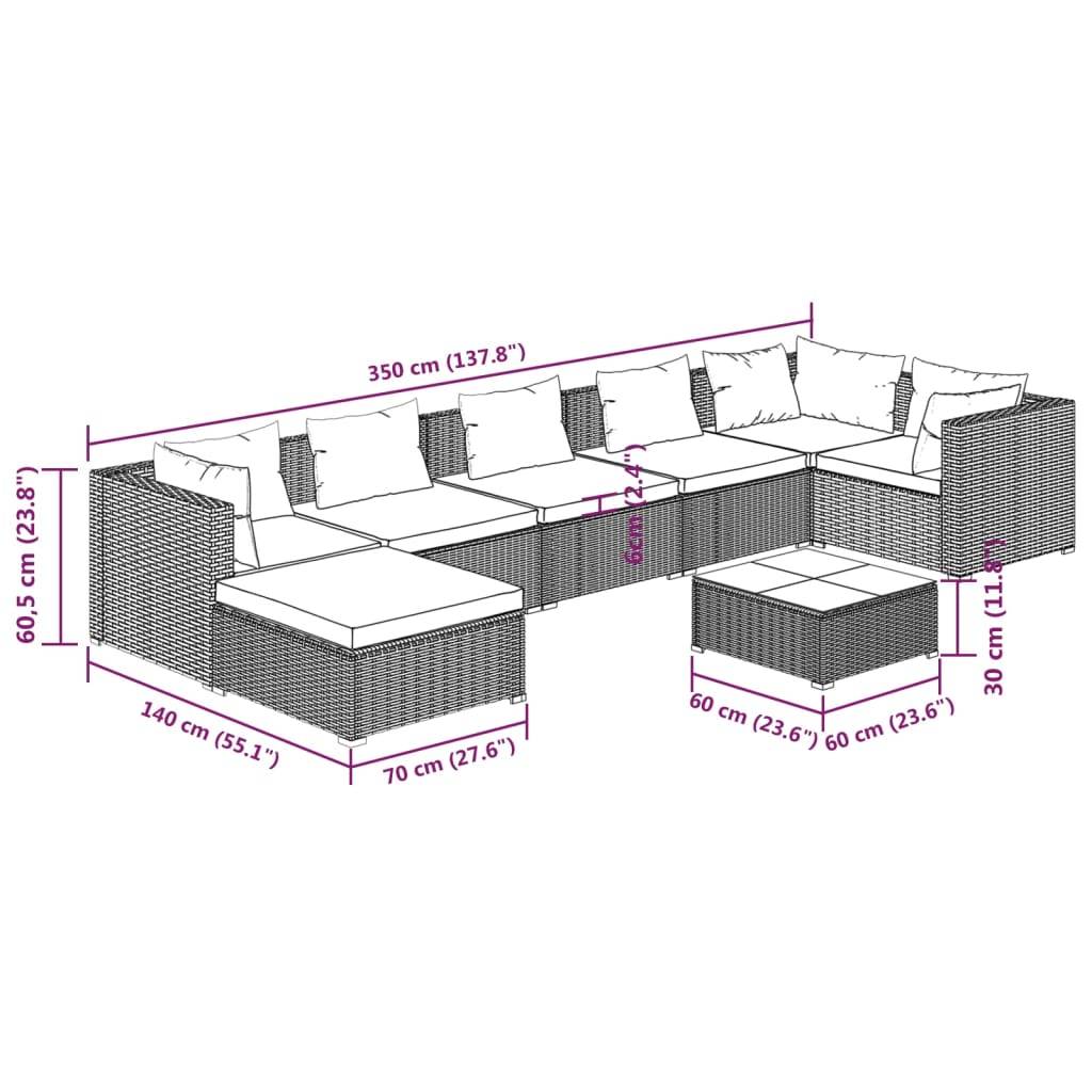 vidaXL 8-tlg. Garten-Lounge-Set mit Kissen Poly Rattan Grau