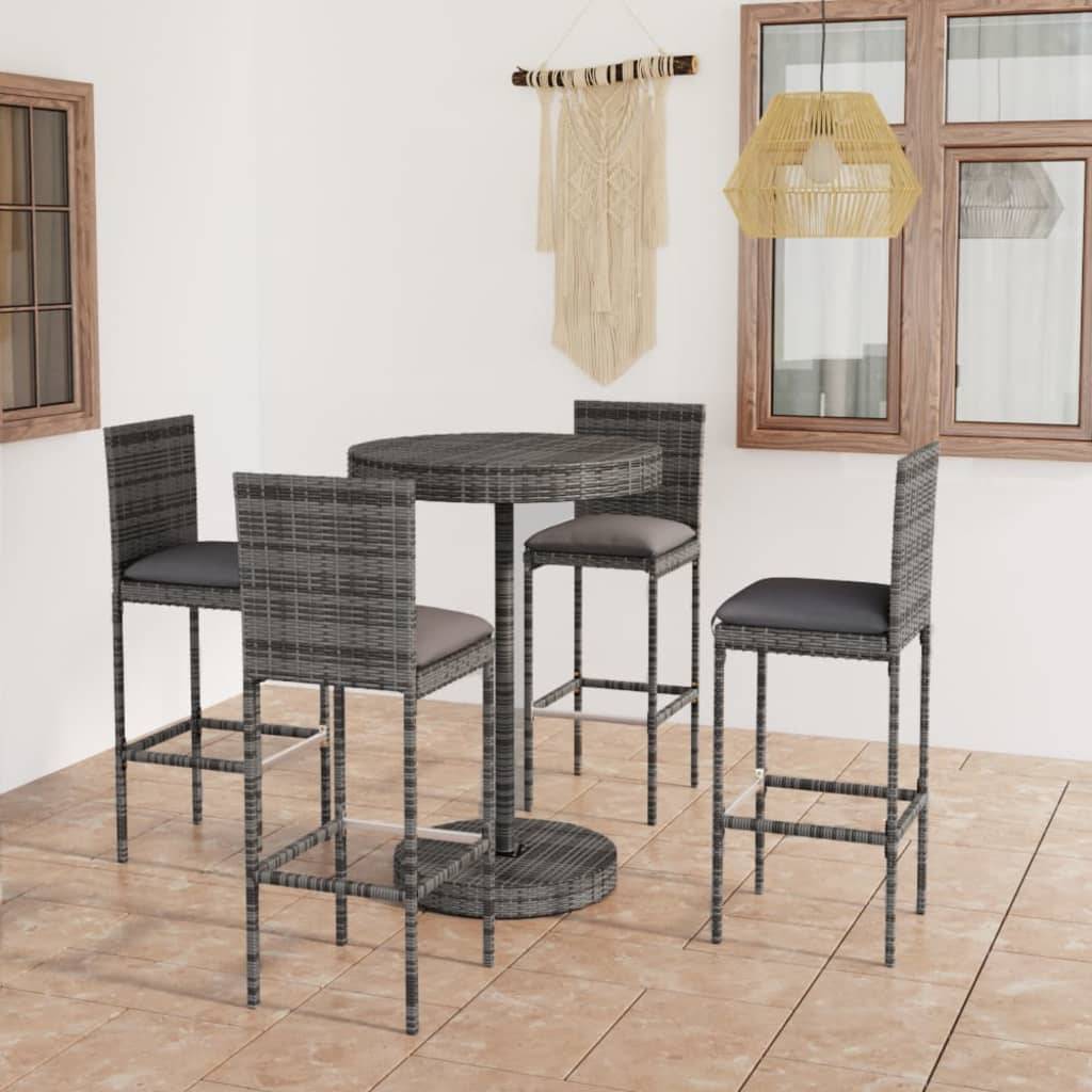 vidaXL 5-tlg. Gartenbar-Set mit Kissen Poly Rattan Grau