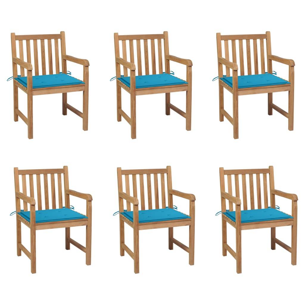 vidaXL Gartenstühle 6 Stk. mit Blauen Kissen Massivholz Teak