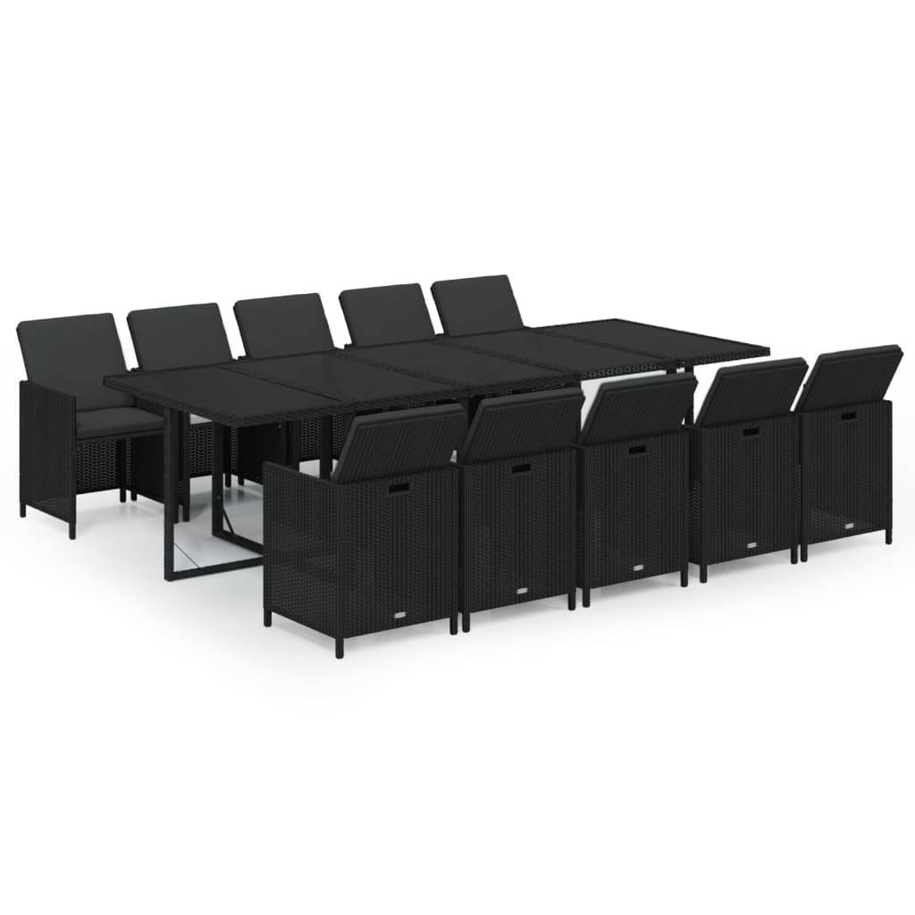 vidaXL 11-tlg. Garten-Essgruppe mit Kissen Poly Rattan Schwarz