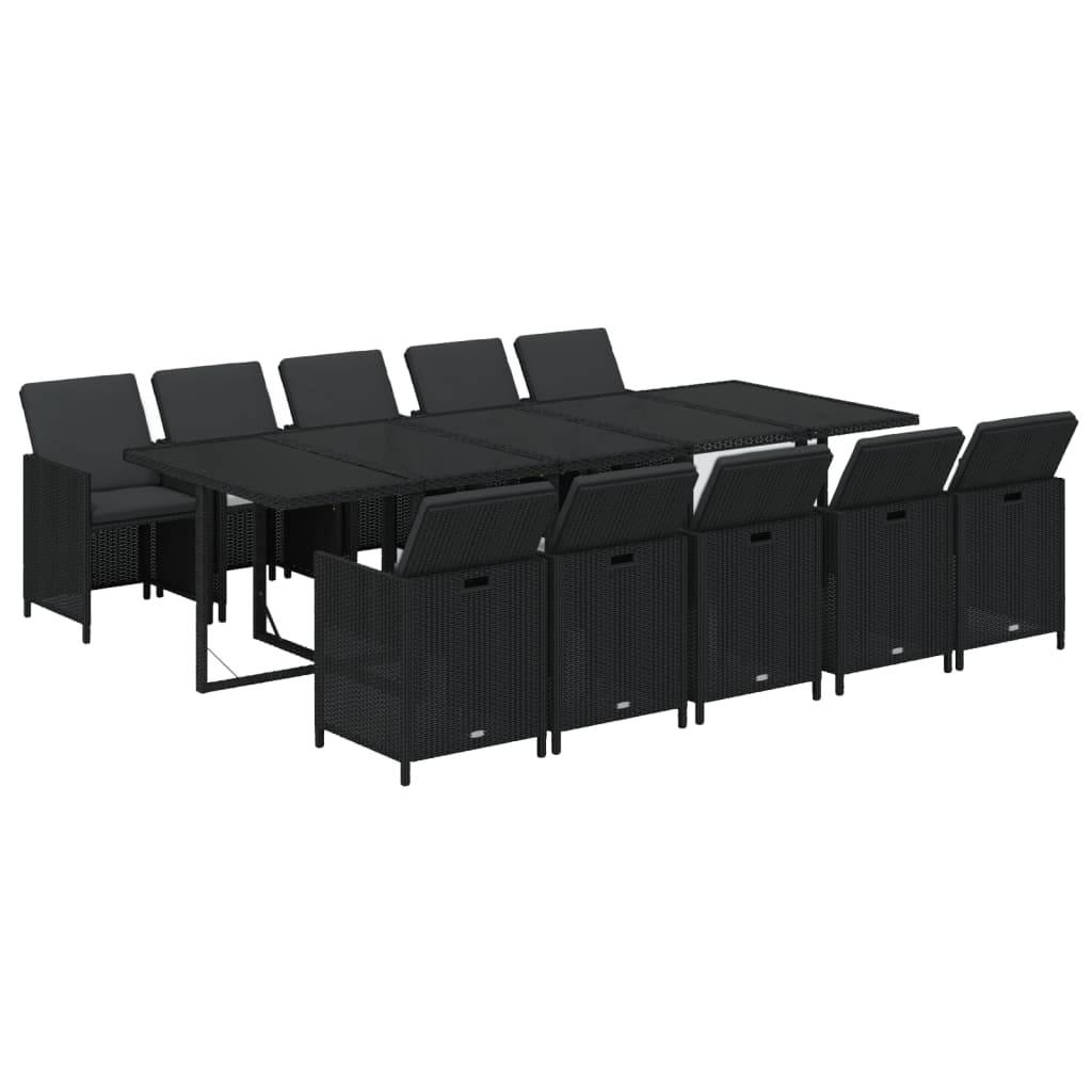 vidaXL 11-tlg. Garten-Essgruppe mit Kissen Poly Rattan Schwarz