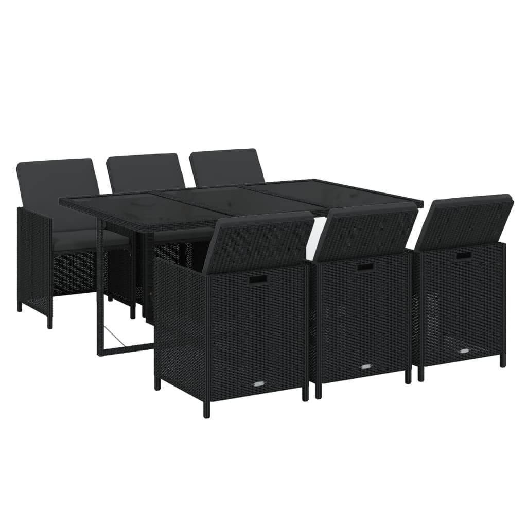 vidaXL 7-tlg. Garten-Essgruppe mit Kissen Poly Rattan Schwarz