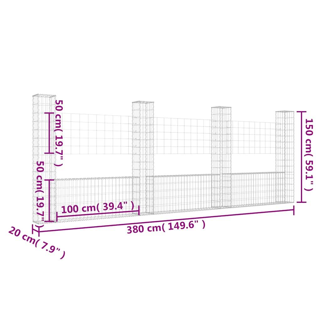 vidaXL Gabionenkorb U-Form mit 4 Säulen Eisen 380x20x150 cm