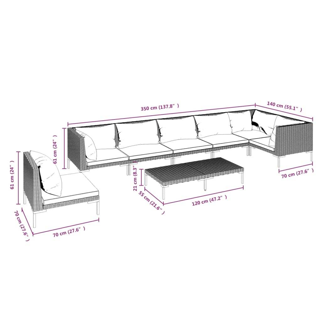 vidaXL 8-tlg. Garten-Lounge-Set mit Kissen Poly Rattan Dunkelgrau