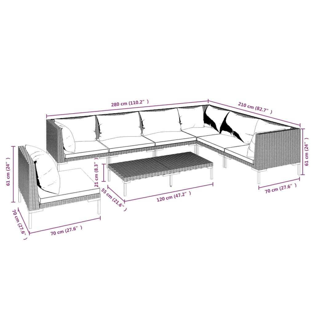 vidaXL 8-tlg. Garten-Lounge-Set mit Kissen Poly Rattan Dunkelgrau