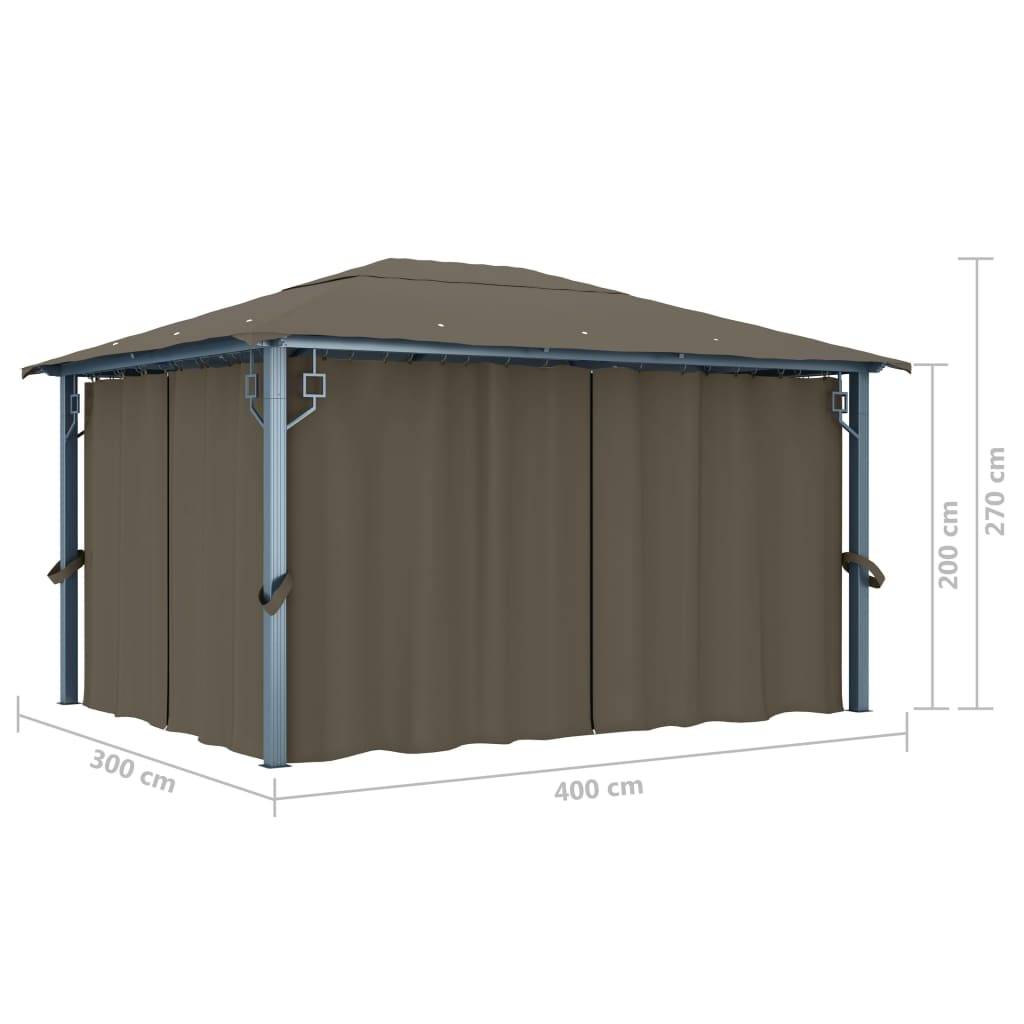 vidaXL Pavillon mit Vorhängen & LED-Lichterkette 400x300 cm Taupe Alu