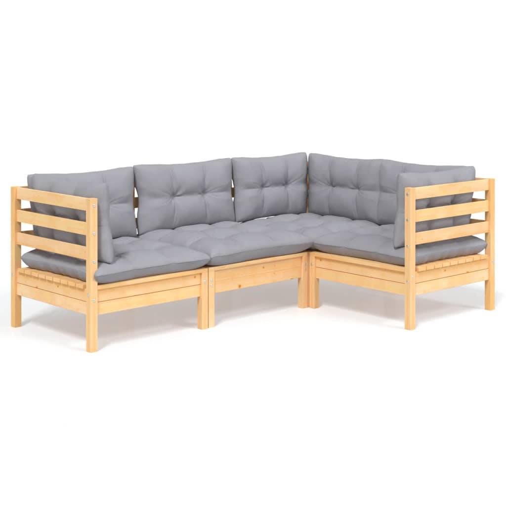 vidaXL 4-tlg. Garten-Lounge-Set mit Grauen Kissen Kiefernholz