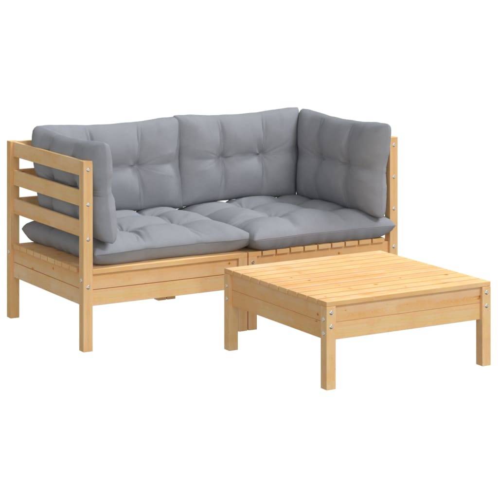 vidaXL 3-tlg. Garten-Lounge-Set mit Grauen Kissen Kiefernholz
