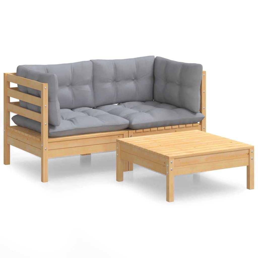 vidaXL 3-tlg. Garten-Lounge-Set mit Grauen Kissen Kiefernholz