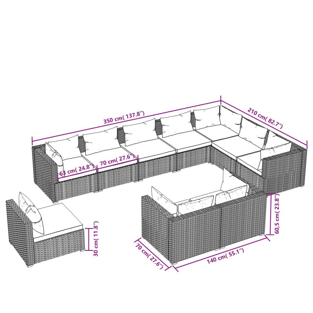 vidaXL 10-tlg. Garten-Lounge-Set mit Kissen Poly Rattan Schwarz