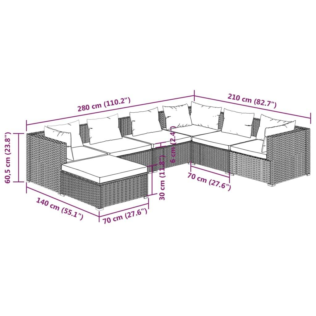 vidaXL 7-tlg. Garten-Lounge-Set mit Kissen Poly Rattan Braun