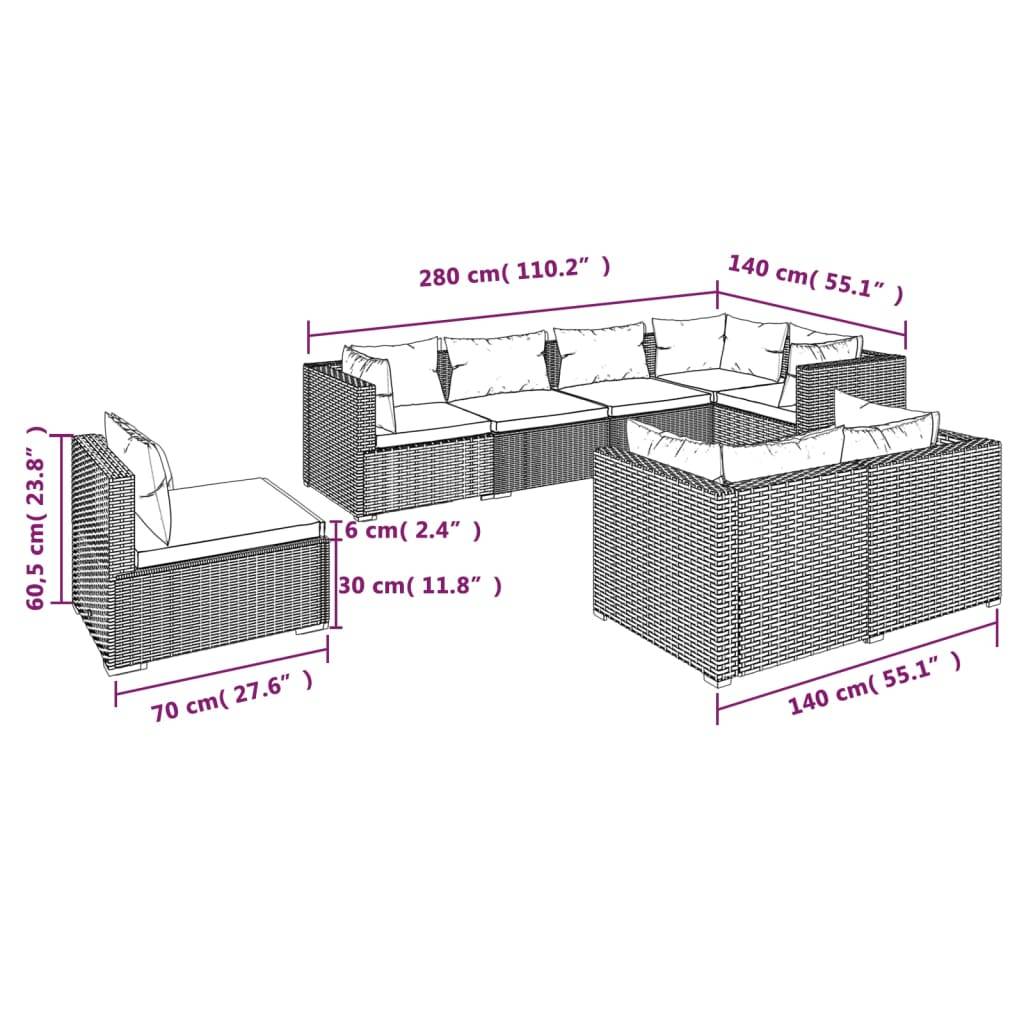 vidaXL 8-tlg. Garten-Lounge-Set mit Kissen Poly Rattan Grau