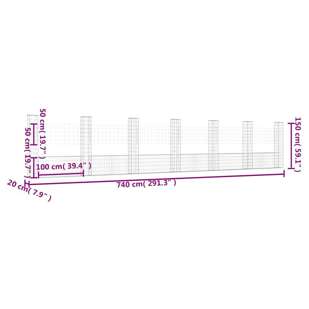 vidaXL Gabionenkorb U-Form mit 7 Säulen Eisen 740x20x150 cm