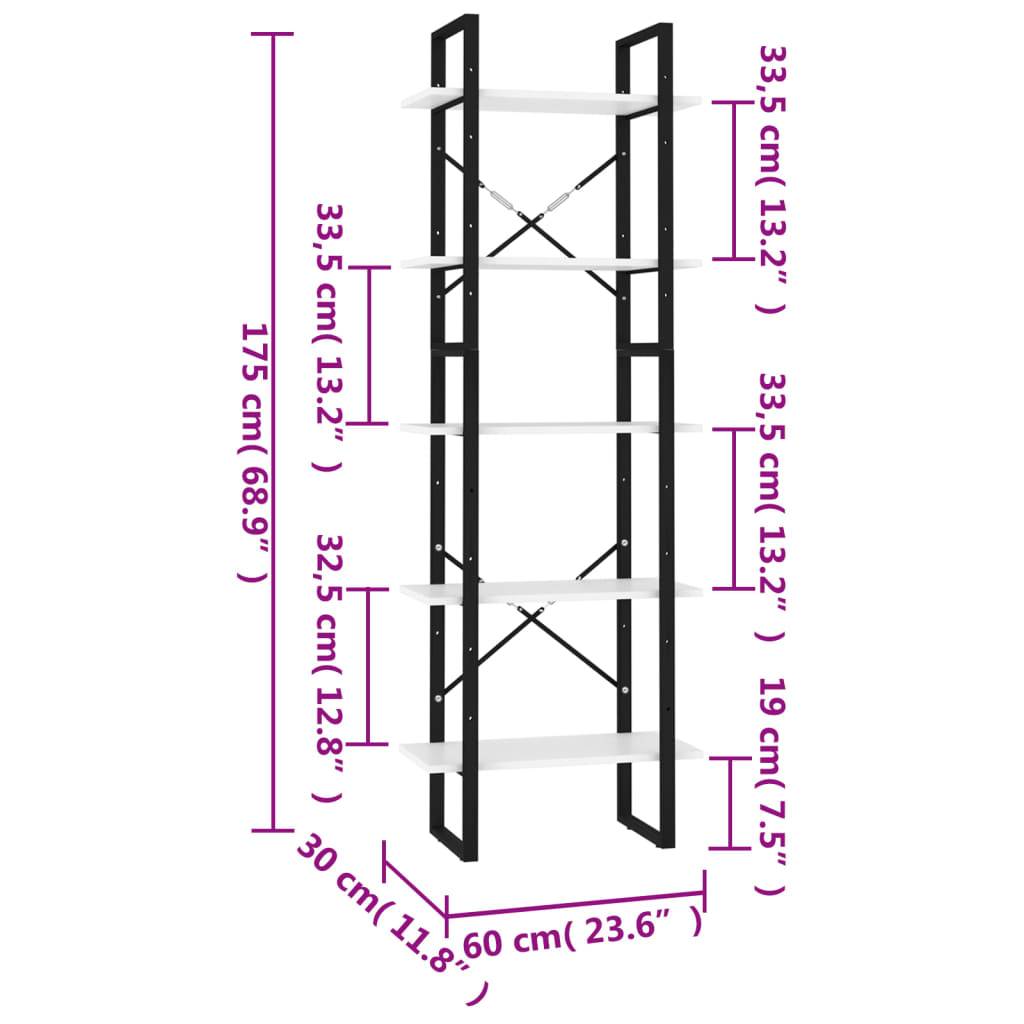 vidaXL Bücherregal 5 Fächer Weiß 60x30x175 cm Holzwerkstoff