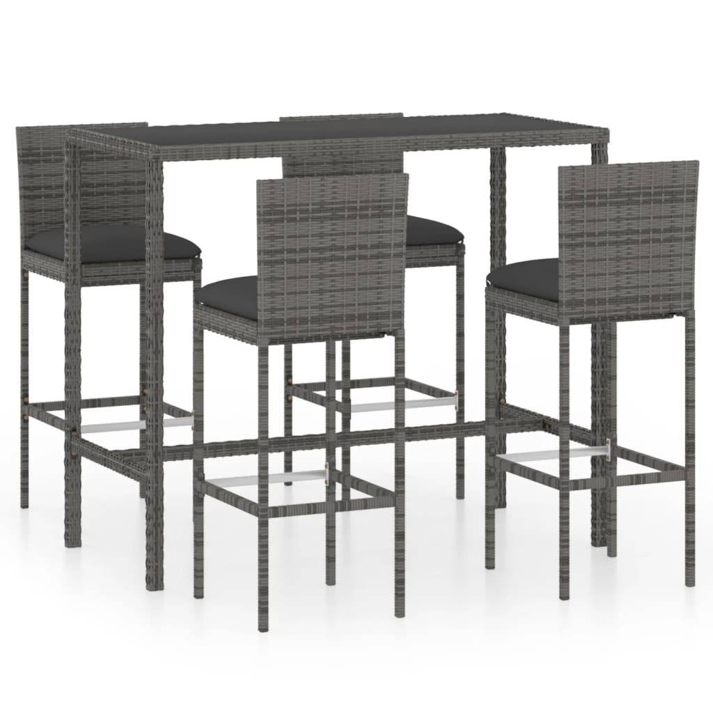 vidaXL 5-tlg. Gartenbar-Set mit Kissen Poly Rattan Grau