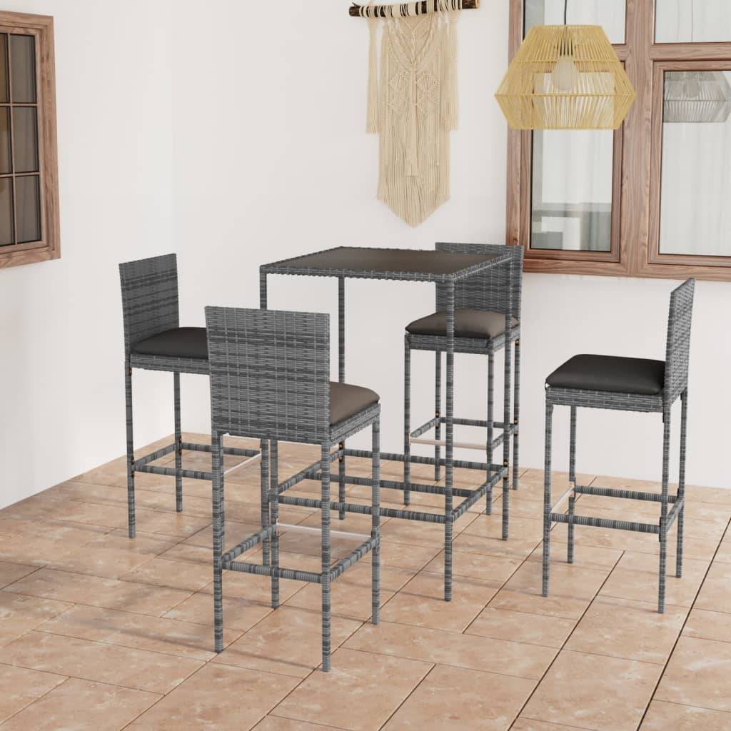 vidaXL 5-tlg. Gartenbar-Set mit Kissen Poly Rattan Grau