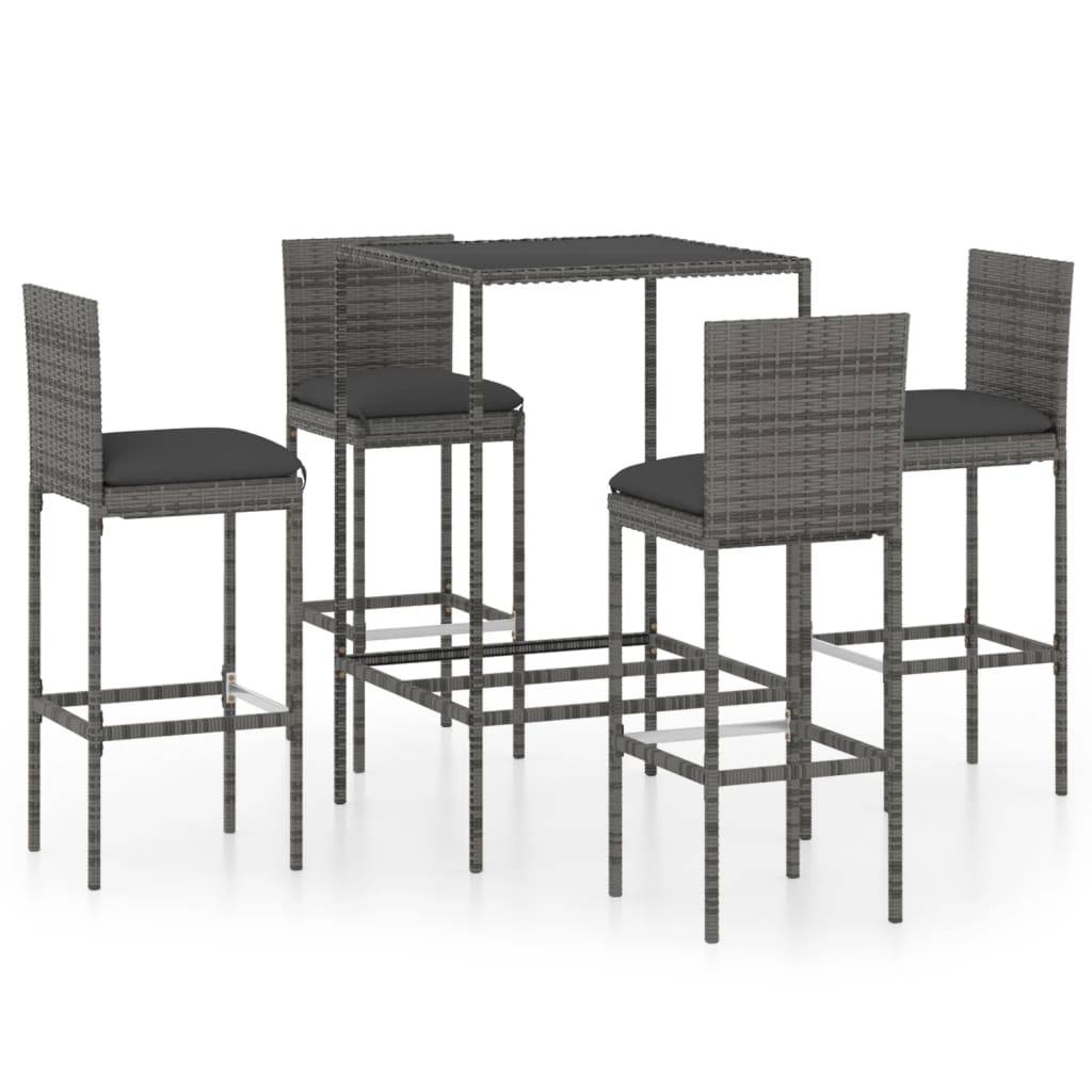vidaXL 5-tlg. Gartenbar-Set mit Kissen Poly Rattan Grau
