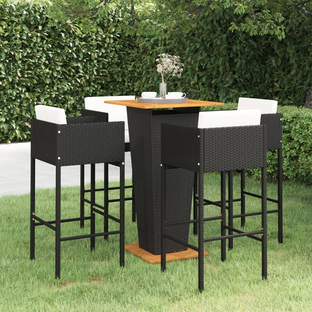 vidaXL 5-tlg. Gartenbar-Set mit Kissen Poly Rattan Schwarz