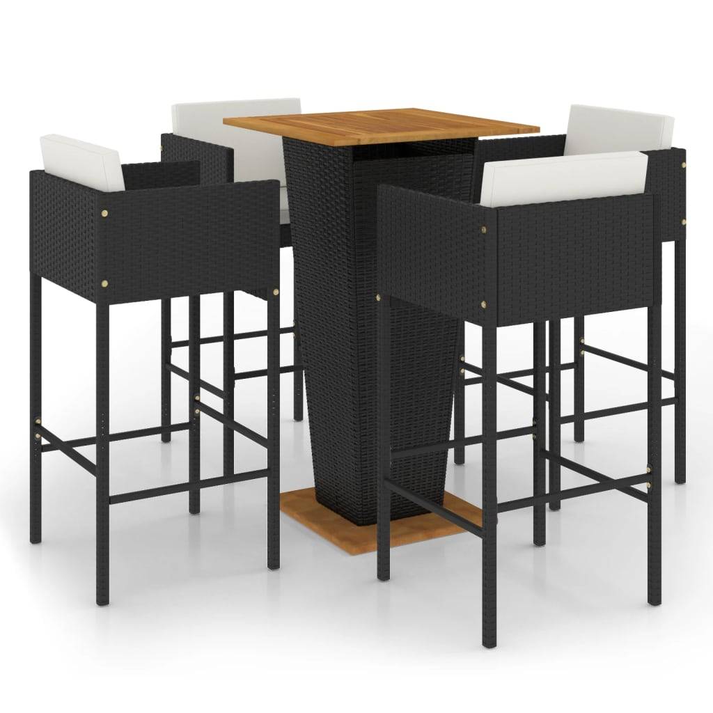 vidaXL 5-tlg. Gartenbar-Set mit Kissen Poly Rattan Schwarz