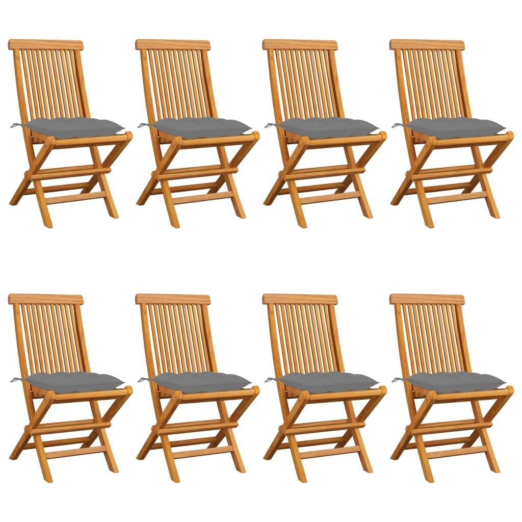 vidaXL Gartenstühle mit Grauen Kissen 8 Stk. Massivholz Teak