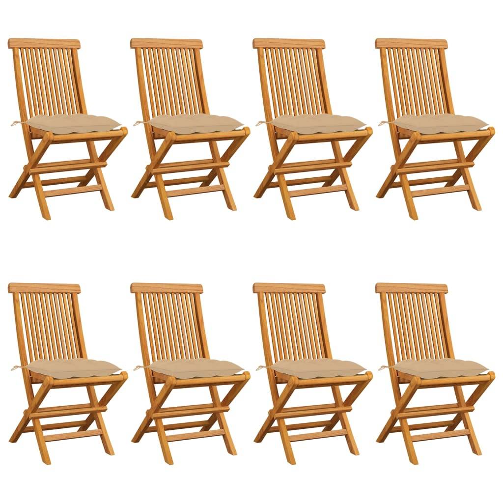 vidaXL Gartenstühle mit Beigen Kissen 8 Stk. Massivholz Teak