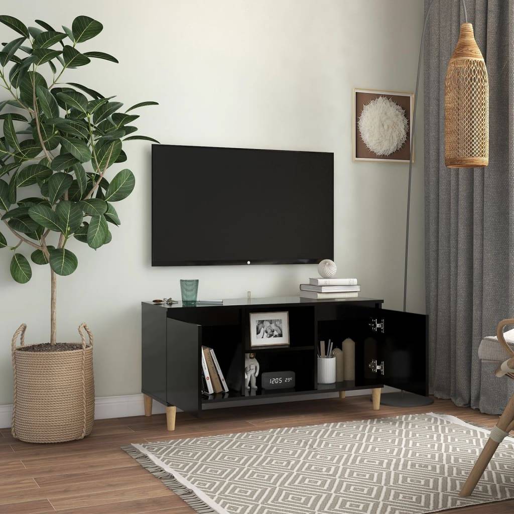 vidaXL TV-Schrank mit Massivholz-Beinen Schwarz 103,5x35x50 cm