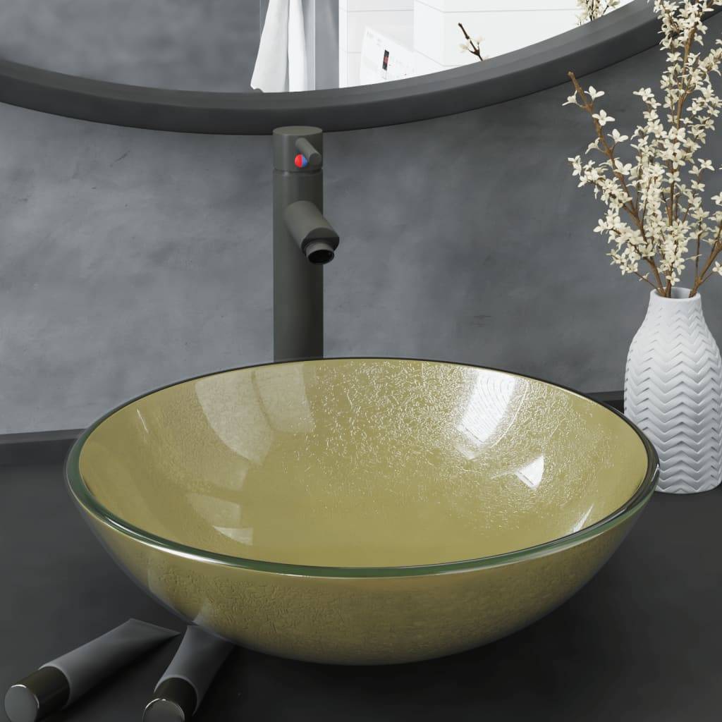 vidaXL Badezimmer Waschbecken mit Wasserhahn und Ablaufgarnitur Gold gehärtetes Glas