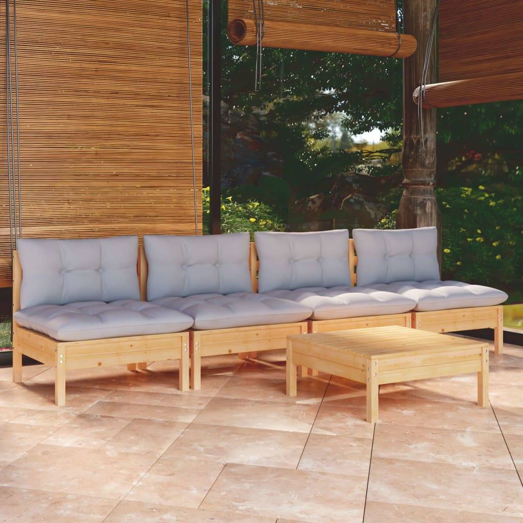 vidaXL 5-tlg. Garten-Lounge-Set mit Grauen Kissen Kiefernholz