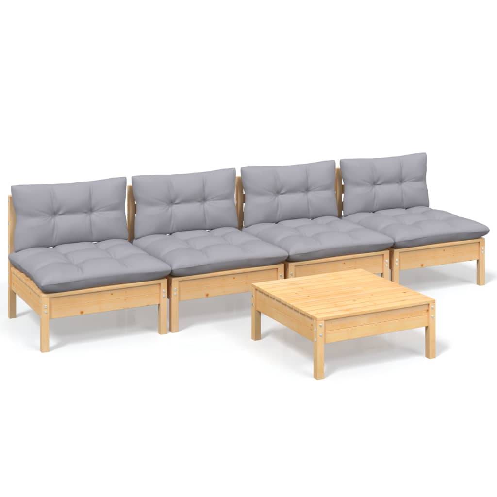 vidaXL 5-tlg. Garten-Lounge-Set mit Grauen Kissen Kiefernholz