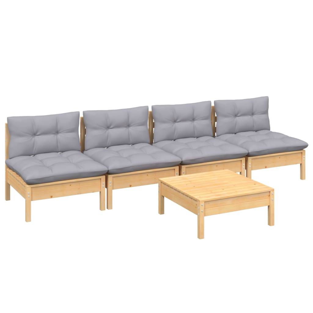 vidaXL 5-tlg. Garten-Lounge-Set mit Grauen Kissen Kiefernholz