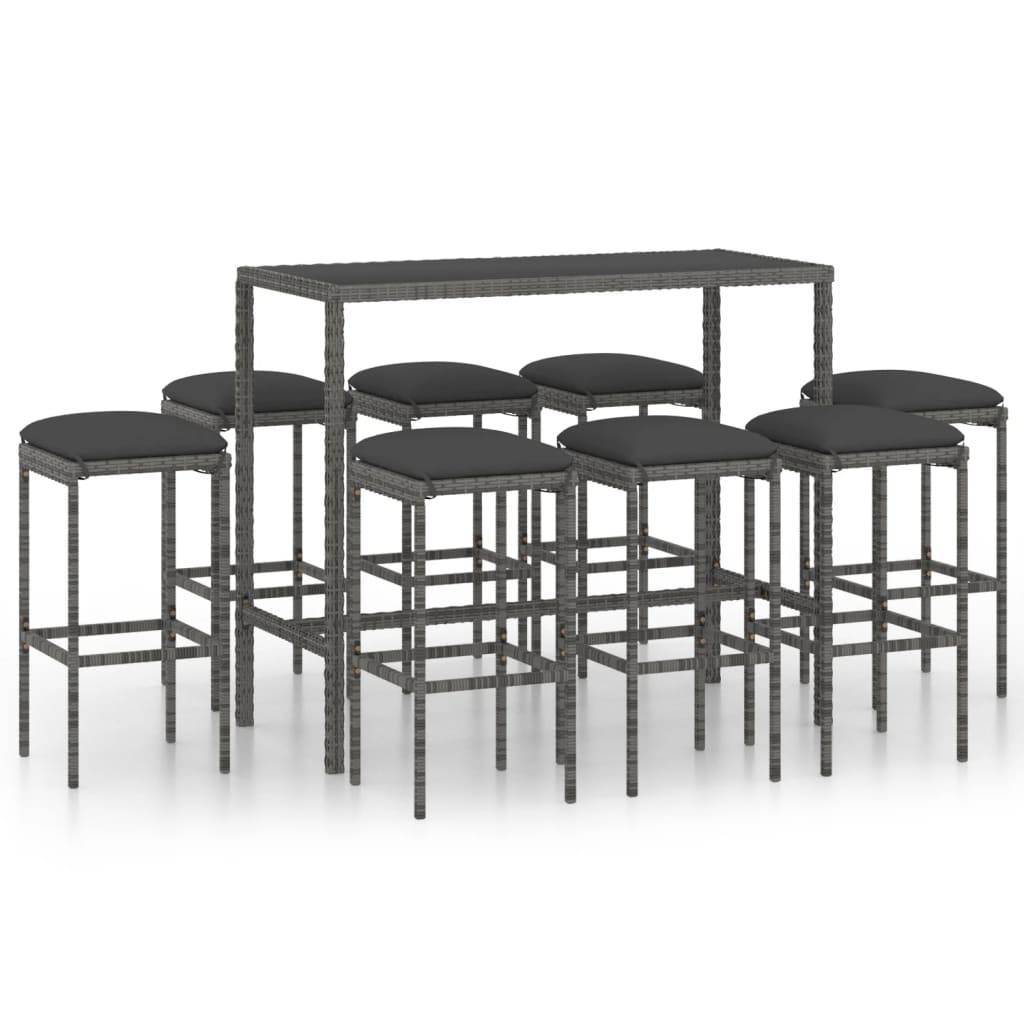 vidaXL 9-tlg. Gartenbar-Set mit Kissen Poly Rattan Grau