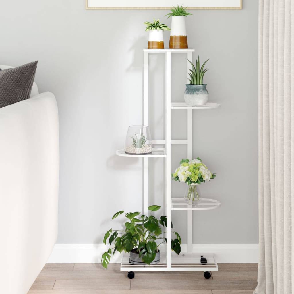 vidaXL Blumenständer 5-Etagen mit Rollen 44x23x100 cm Weiß Eisen
