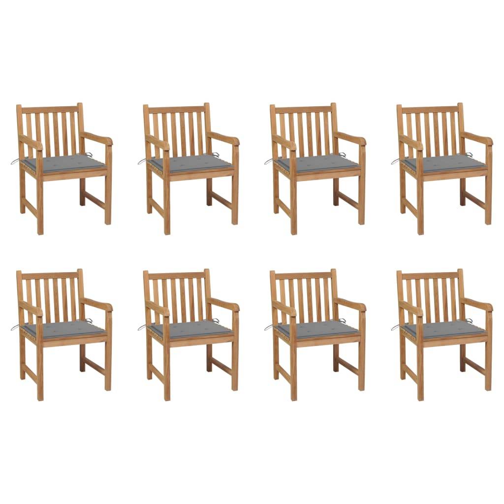 vidaXL Gartenstühle 8 Stk. mit Grauen Kissen Massivholz Teak