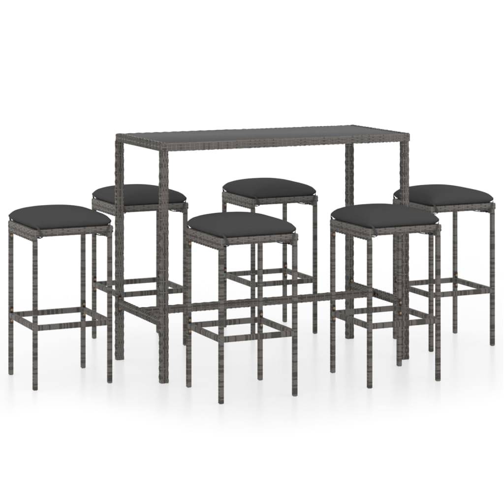 vidaXL 7-tlg. Gartenbar-Set mit Kissen Poly Rattan Grau