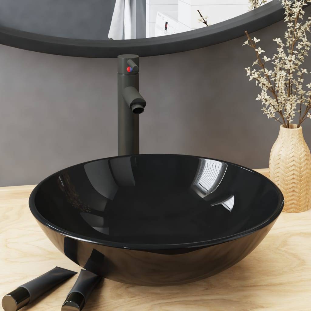 vidaXL Badezimmer Waschbecken mit Wasserhahn und Ablaufgarnitur Schwarz gehärtetes Glas