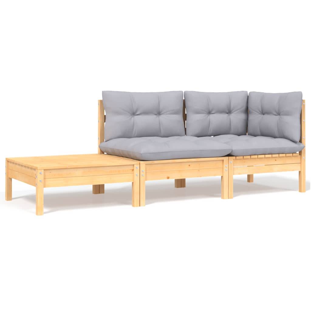 vidaXL 3-tlg. Garten-Lounge-Set mit Grauen Kissen Kiefer Massivholz