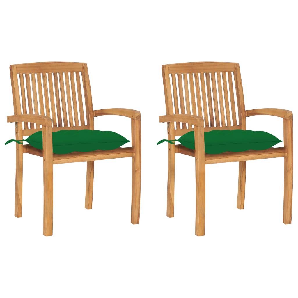 vidaXL Gartenstühle 2 Stk. mit Grünen Kissen Massivholz Teak