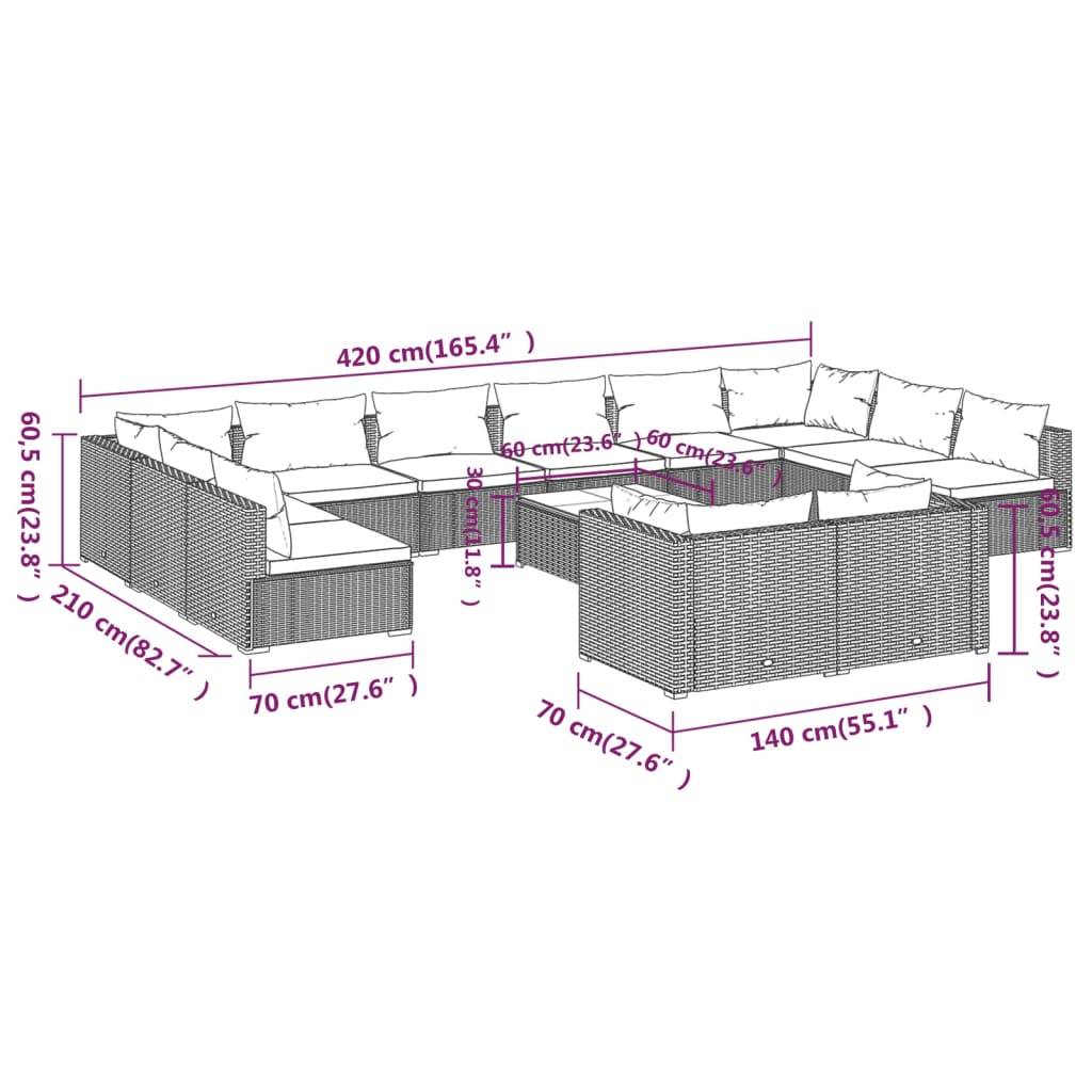 vidaXL 13-tlg. Garten-Lounge-Set mit Kissen Braun Poly Rattan